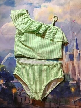 Rufflebutts green seersuckers one shoulder ruffle tankini two piece girl size 6